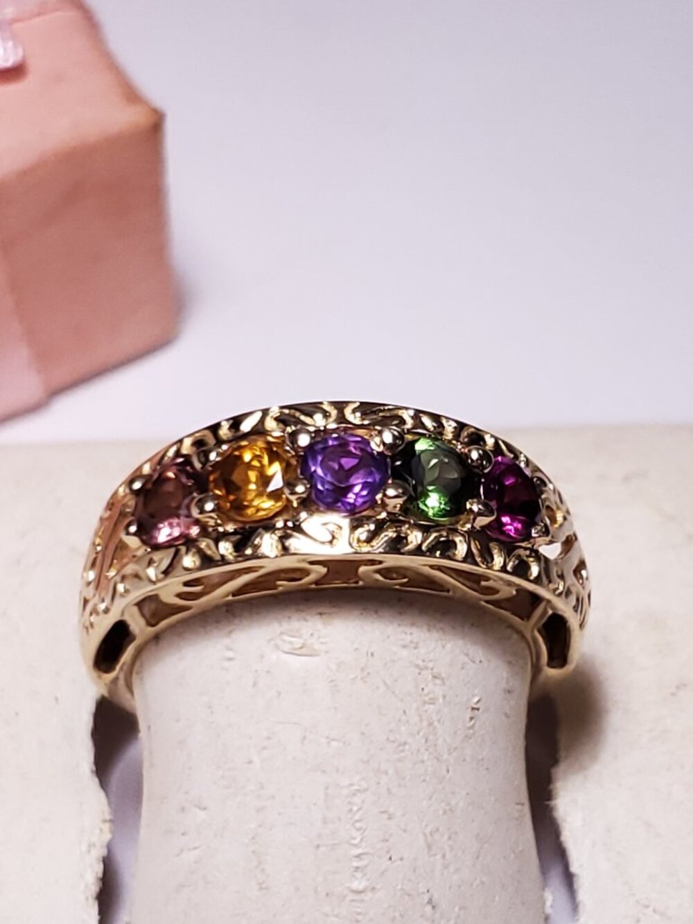 Estate .75cttw Natural Round Multi Gem Scroll 14Kt Yellow Gold Band Ring #24702